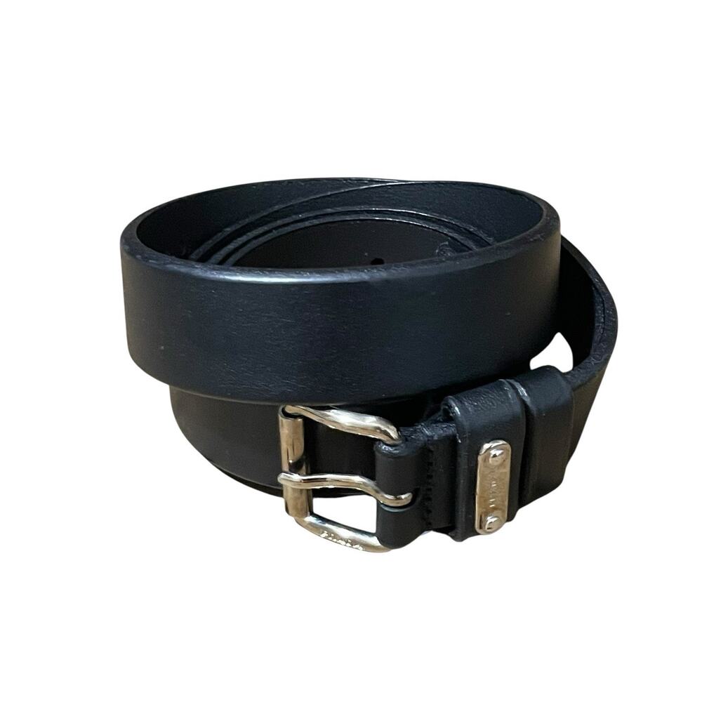 Prada Belt Men Size 44 Black Leather Silvertone Buckle Engraved Logo Italy MINT